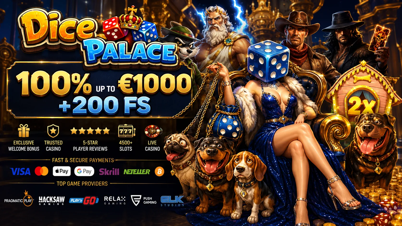 Dice Palace Casino — 100% up to €1,000 + 200 free spins, trusted casino with 4,500+ slots and live casino